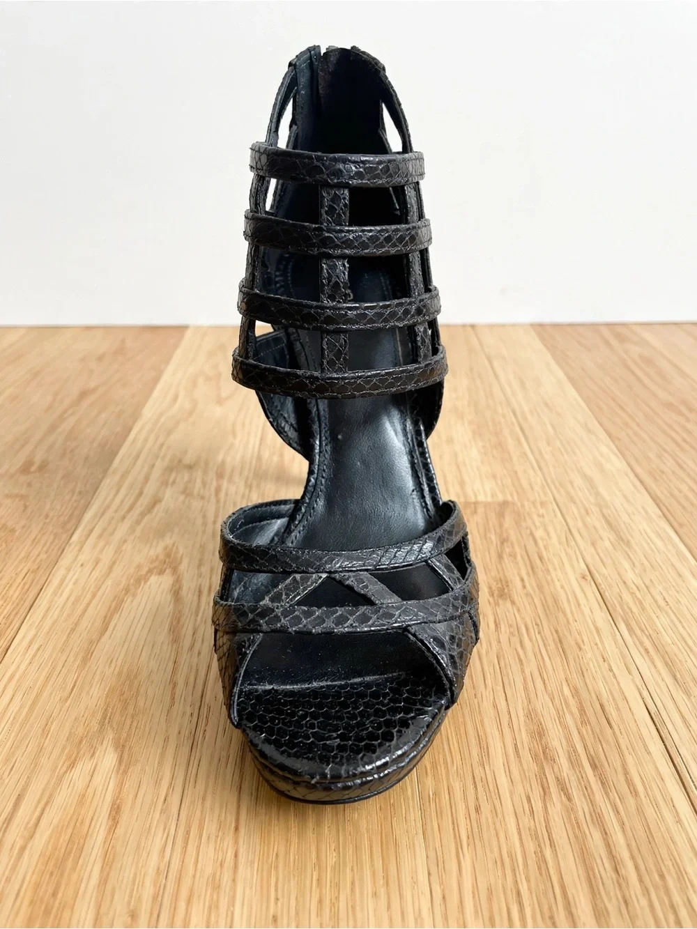 MICHAEL Michael Kors Black Snakeskin Cage Sandals Leather Stiletto Heels Size 8